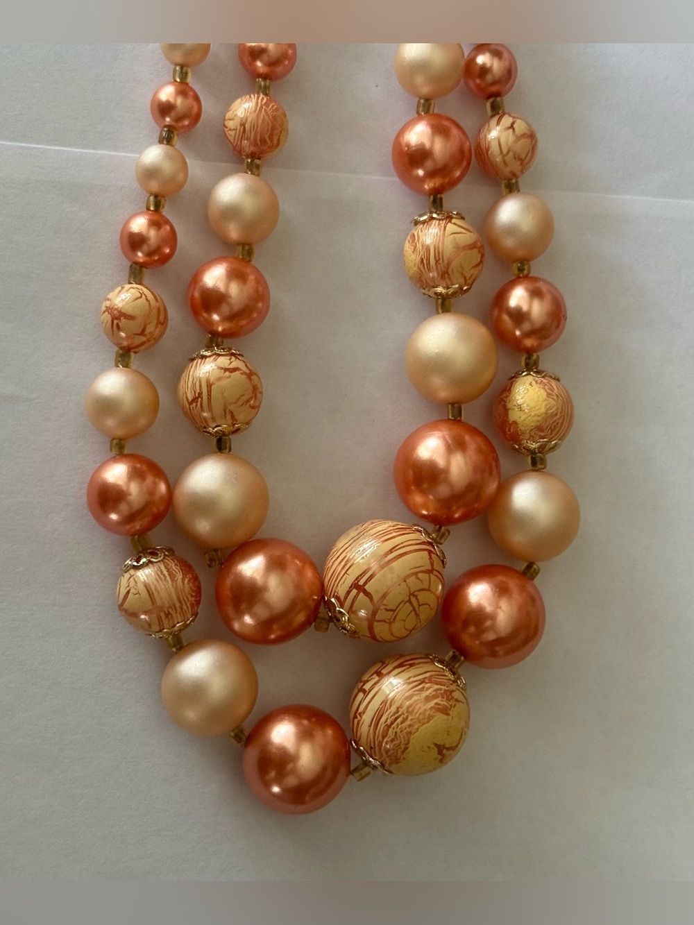 Vintage Japan 3-Strand Beaded Necklace Peach Coral Gold Ombré Faux Pearl 1960s